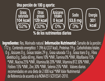Costilla de Res nutritional facts