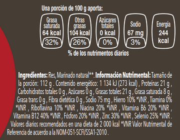 Planchuela de Res nutritional facts
