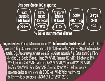 Pulpa de Cerdo sin Hueso nutritional facts