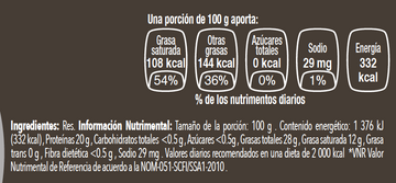 Vacío de Res Prime wf nutritional facts