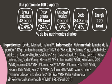 Costillas Baby Back de Cerdo nutritional facts