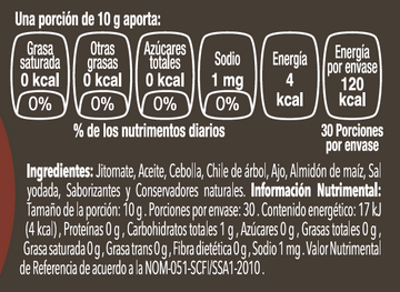 Salsa de chile de árbol nutritional facts